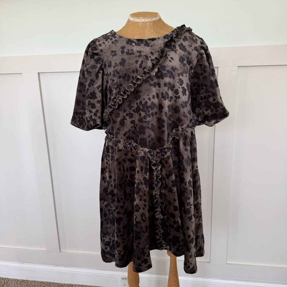 Mikarose Printed Mini Dress SMALL Velour Animal Print Ruffle Grunge Puff Sleeve